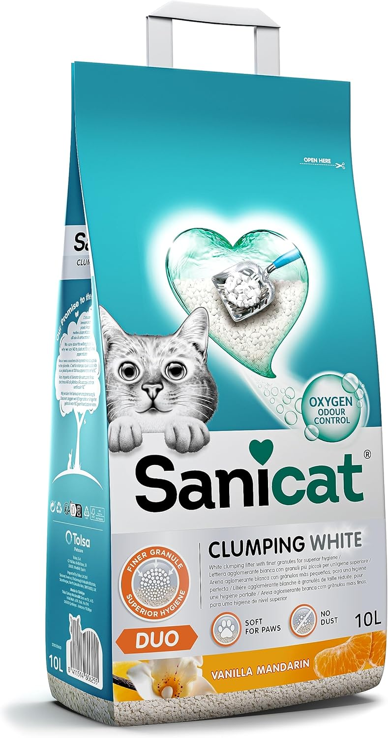 Sanicat Clumping White Duo Vanilya ve Mandalina Kokulu Topaklanan Tozsuz Kedi Kumu 10LT