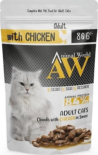 Animal World Pounch Adult Soslu Parça Tavuk Etli Yetişkin Kedi Yaş Mama 80 Gr. 24 Adet